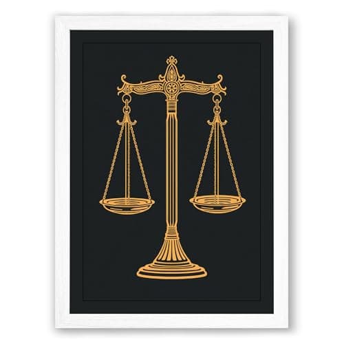 Image of Golden Scales of Justice Modern Framed Wall Art Print A2 (59.4×42cm) White, Wall Decor for Living Room, Bedroom, Office & Home, Ready to Hang, Art Gift