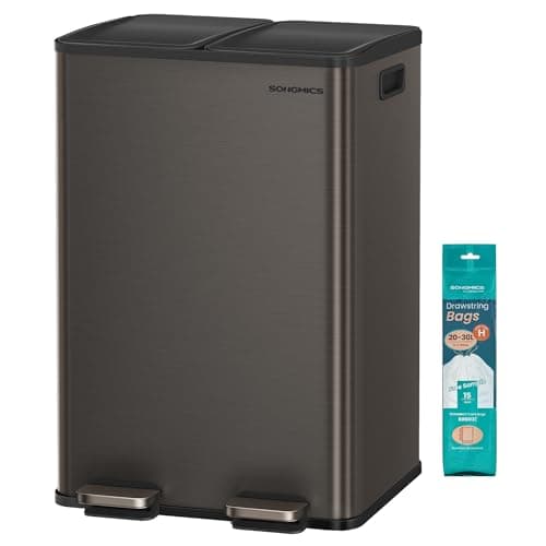 Image of SONGMICS Kitchen Bin, 2 x 8 Gallon (2 x 30 L) Dual-Compartment Pedal Rubbish Bin with Soft-Close Lid and Inner Buckets, Steel, Includes 15 Liner Bags, Slate Grey LTB741G01