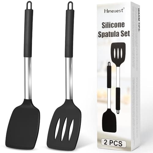 Image of Silicone Spatula, 2 Pcs Heat Resistant Slotted Spatulas for Cooking, BPA Free Non Stick Flexible Silicone Spatula Set, Large Black Spatula Turner for Baking, Frying, Flipping Eggs, Pancakes