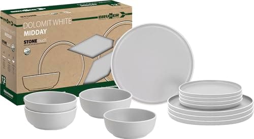 Image of Brunner Dolomit Melamine Camping Dinner Set, Anti Slip Outdoor Tableware Set, Lightweight Break Resistant Plates Bowls & Mugs, Caravan, Picnic & Camping Dining (Dolomit White, 12 Piece Set)