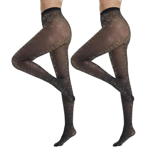 Image of InfiniZer 2Pairs Sparkly Tights Women - Shiny Glitter Lurex Pantyhose with Metallic Threads, 20D High Waist Elastic Tights for Halloween, Christmas, Cosplay, Party, Dresses & Boots
