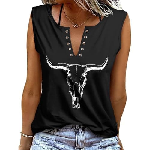 Image of heekpek Women Vest Tops V Neck Casual Summer Tee Tops Sleeveless Cotton Graphic Print Ladies Vests Tank Tops, Skull Bullhead, XXL