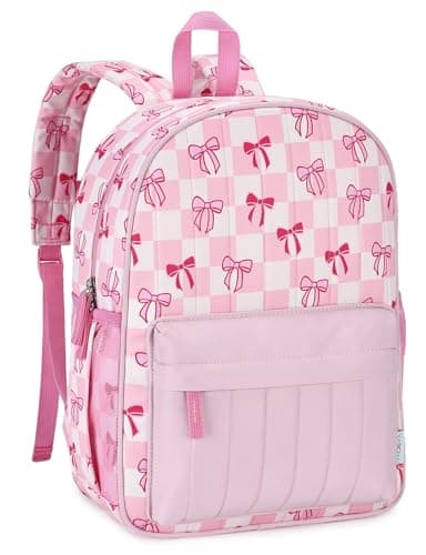 Image of VASCHY Kids Preschool Backpack, Cute Lightweight Quilted School Bag for Girls Ages 4–6, Pink Plaid Bow Design