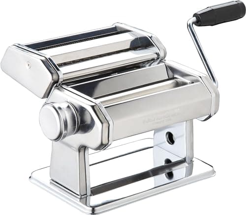 Image of KitchenCraft World of Flavours Pasta Maker, Manual Pasta Machine with 9 Adjustable Thickness, Italian Deluxe Double Cutter, Stainless Steel