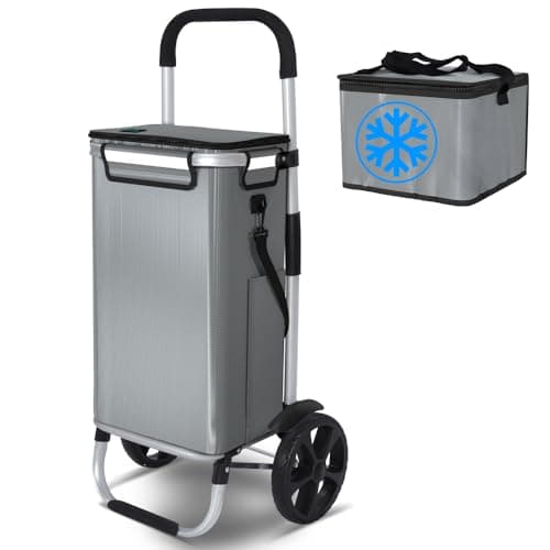 Image of VOUNOT® Folding Shopping Trolley, Aluminium Lightweight Shopping Basket with Insulated Cooling Bag, Waterproof Fabric, Mudguard Stair Climbing Wheels Grocery Trolley, 58L Grey