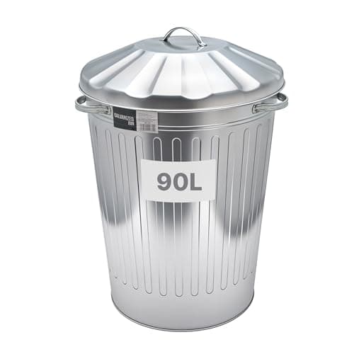 Image of SWL 90L Galvanised Metal Dustbin with Lid – Heavy-Duty Anti-Rust Galvanised Steel Bin for Waste, Recycling, Garden Rubbish, Compost & Animal Feed Storage – Large Outdoor & Indoor Trash Bin