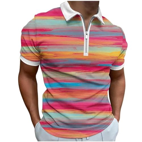 Image of AMhomely Zip Neck Polos Shirt Men Rainbow T Shirts Men Vintage Marble Print Tee Shirts Casual Printed Short Sleeve Turn Down Collar Zipper T-Shirt Blouse Tops Holiday Vacation UK Hot Pink L
