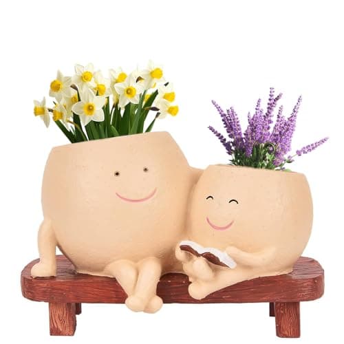 Image of Smiley Face Planter Pot Cute Resin Flower Head Planters, Flower Head Planters for Indoor Outdoor Plants Unique Sit Swing Succulent Pot with Drainage Hole Gift for Mother's Day Appreciation