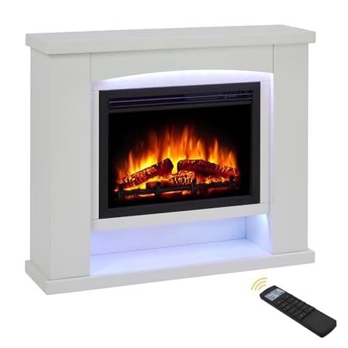 Image of Endeavour Fires Ebberston 39'' Electric Fireplace Suite and Realistic Flame & Log Effect Fire, 13 Colour LED Lighting Remote Control In an Off White Fireplace Surround with Plinth