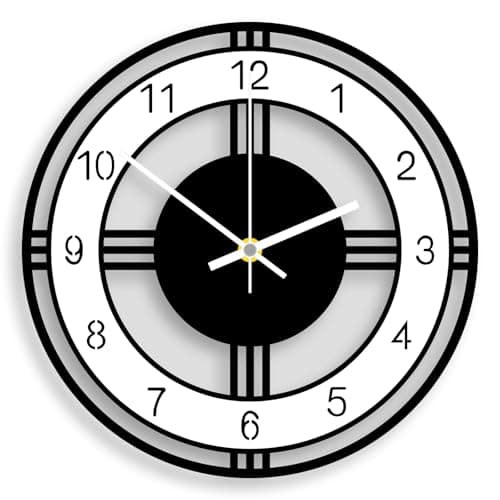 Image of ALEENFOON Wall Clock Acrylic 12 Inch Silent Non Ticking Quality Quartz Battery Operated Round Wall Clocks for Living Room Kitchen Bathroom Office Classroom Home (Black-white)