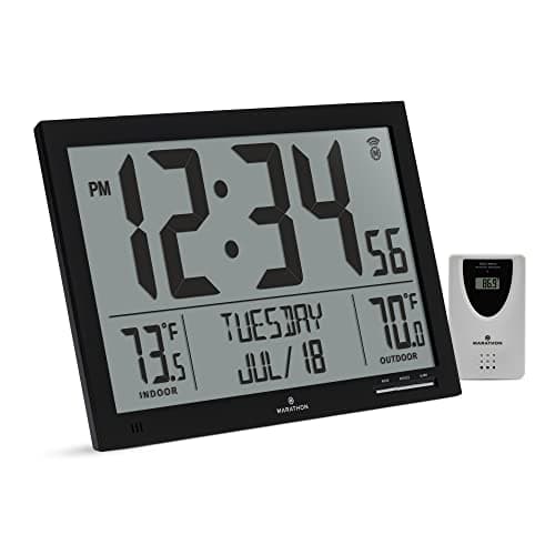 Image of (New Jumbo Full Display, Color: Black) - MARATHON CL030066BK Slim Atomic Full Calendar Clock with Extra Large Digits and Indoor/Outdoor Temperature (Black)