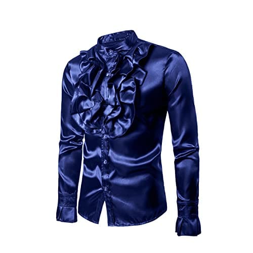 Image of FeMereina Men's Shiny Design Long Sleeve Dress Shirts Slim Fit Business Button Down Ruffle Shirts Luxury Party Dress Shirt (Blue, XL)