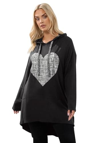 Image of Yours Curve Heart Print Longline Hoodie - Women's - Plus Size Curve Black