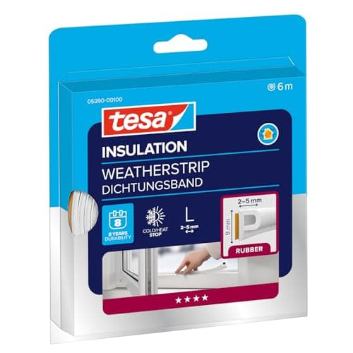 Image of tesamoll P-Profile Seal - Self Adhesive Rubber Draught Excluder for Insulating Gaps in Windows and Doors - White - 6 m x 9 mm x 5.5 mm