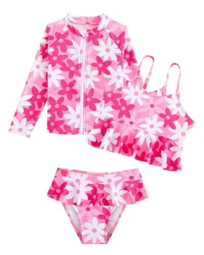 Image of WYTbaby 3-Piece Girls Swimming Costume Rash Guard Set Long Sleeve Ruffle Shorts Tankini Sets Girls Swimsuit 5-6 Years