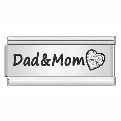 Image of Dad Family Daughter Worlds Best Mom Mum Superlink Double Charm Silver Italian 9mm Link Stainless Steel Bracelet Compatible With Modular 9mm Link (Dad Mom Mum Superlink Crystal Double Charm)