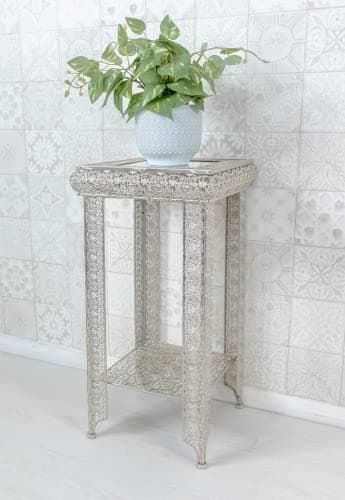 Image of DOWNTON INTERIORS Silver Moroccan Embossed Metal Mirrored Glass Side End Plant Table with Shelf (GZ421) Part of the AGADIR Collection