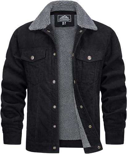 Image of TACVASEN Mens Winter Jackets Sherpa Fleece Lined Lumberjack Jacket Outdoor Warm Lapel Collar Corduroy Coat with Pockets Black, 3XL
