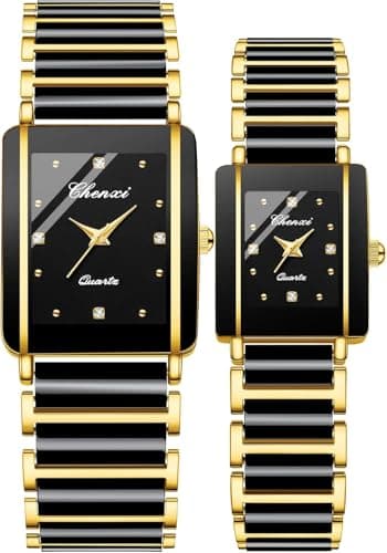 Image of ALANTOP Vintage Couple Watches Men and Women Matching Quartz Watch Square Ceramic His and Hers Watches Set Pair Watches Diamond Waterproof (Gold Black)