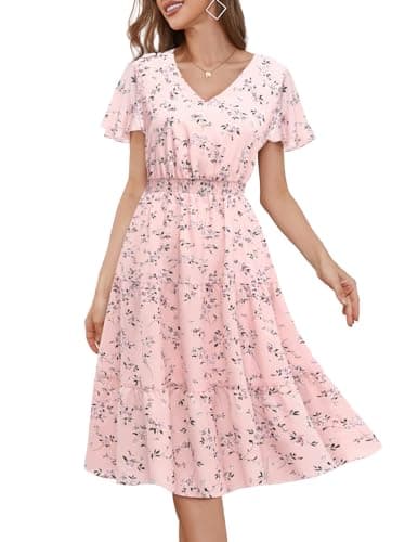 Image of Bridesmay Floral Dress for Women,Midi Dresses for Women Casual Short Sleeves,Beach Wedding Guest Dress Summer Pink Floral L