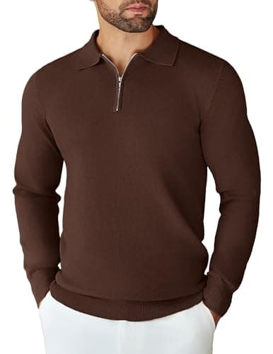 Image of COOFANDY Men's Polo Jumper Knitted Half Zip Sweater Long Sleeve Poloshirt Winter Basic Regular Fit Work Sweatshirt Brown XL