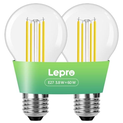 Image of Lepro E27 Screw Bulb, A-Rated Ultra-efficient LED Bulb, 3.8W = 60W, 806lm, 2700K Warm White, 50000H Lifespan, Clear Filament, Vintage Glass, Non-dimmable, Pack of 2