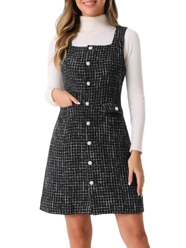 Image of Allegra K Tweed Dress for Women's Sleeveless Square Neck Button Up A-Line Pinafore Overall Dresses Black M