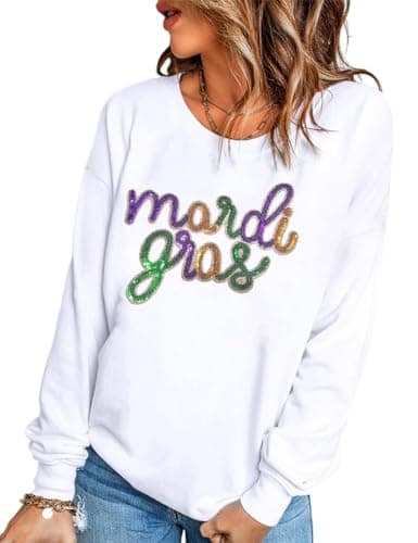 Image of Ecosunny Women's Casual Holiday Mardi Gras Sweatshirt Sequin Print Round Neck Long Sleeve Loose Pullover Tops, B-mardi Gras-graphic, S