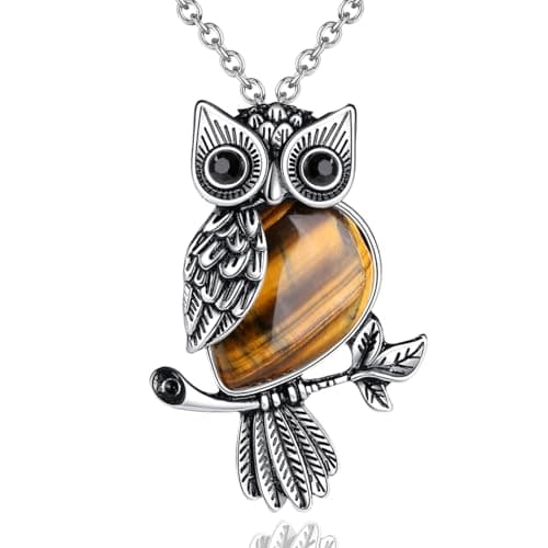 Image of Sahoottie Tiger Eyes Crystal Owl Necklace Owl Gifts for Women Men Natural Anxiety Relief Crystal and Gemstone Pendant Necklace Silver Jewellery for Women Christmas Birthday Gift Gothic Jewellery