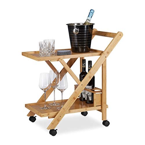 Image of Relaxdays Bamboo Kitchen Trolley, Foldable Serving Cart with Bottle Holder, Wooden, Castors, HxWxD: 70 x 40.5 x 65 cm, Natural
