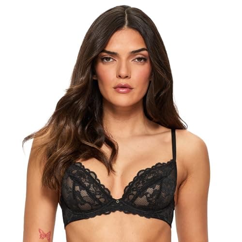 Image of Ann Summers Sexy Lace Non Padded Plunge Bra, A-D Cup, Curve-Enhancing Womens Underwear with Unlined Lace Cups, Underwire Support & Sculpting Boning Black - Womens Lingerie