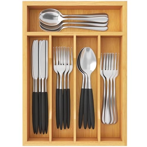 Image of Lifewit Silverware Drawer Organizer Tray, Bamboo Cutlery Storage for Kitchen Drawer, 5 Compartment Flatware and Utensil Holder Divider for Spoons Forks Knives Tableware, Natural