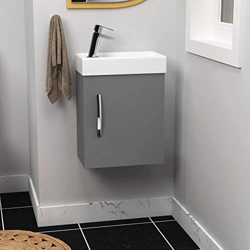 Image of Modern Bathroom Vanity Unit 400mm 1-Door Wall Hung Storage Cabinet Basin Sink Indigo Grey Gloss Cloakroom