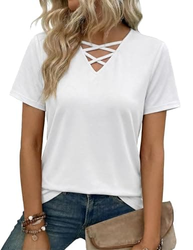 Image of Totatuit Womens Short Sleeve V Neck Tops Criss Cross Elegant Basic Loose T Shirt Casual Solid Blouse Summer Top White，S