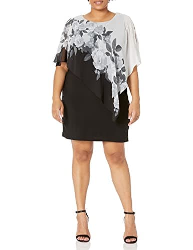 Image of S.L. Fashions Women's Sleeveless Sheath Cape Dress with Chiffon Overlay Special Occasion, Black Ivory, 16