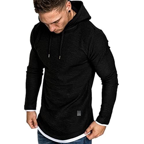 Image of Remxi Men's Long Sleeve Pullover Hoodie Tops Sportwear Muscle Hoodie T-Shirts Solid Color Sweatshirt For Men SolidBlack M