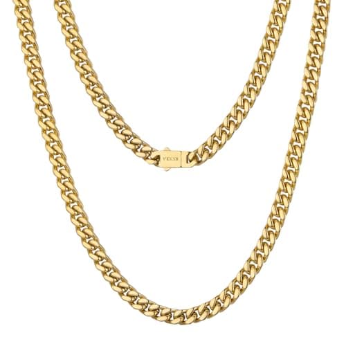 Image of VEXXS Men's Gold Chain 5/7mm, 18K Real Gold Plated Stainless Steel Cuban Link Chain, Men’s Necklace Chain Flat Cut Curb Chain Men’s Jewelry Gift02
