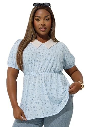 Image of Yours Limited Collection Curve Ditsy Floral Collared Top - Women's - Plus Size Curve Blue