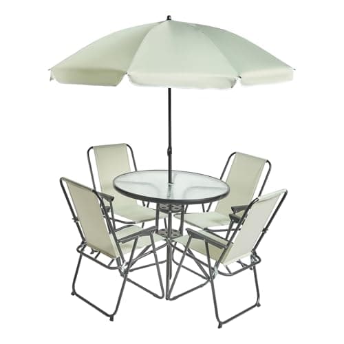 Image of OHS 6 Piece Garden Furniture, Patio Set with Parasol Outdoor 4 Folding Dining Chairs Round Tempered Glass Table Outdoor Furniture Garden Bistro Set Ideal for Dining in the Sun, Sage Green