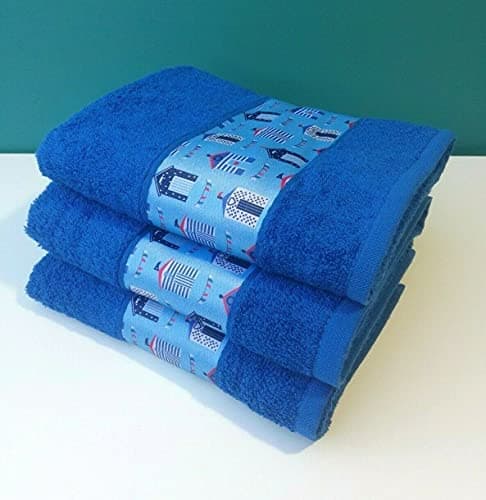 Image of Sue Rossi Ltd 100% Cotton Tea Towels Waffle Embroidered Seaside Cooks Cloth 3 Pack Kitchen Towel Set (Blue Beach Hut)
