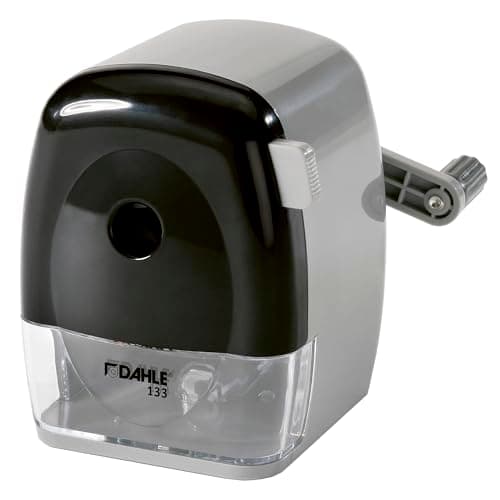 Image of Dahle 133 Manual Standard and Oversized Pencil Sharpener - Adjustable Point, Shavings Cup, Mounting Clamp - for Home and Office Use - Silver Black