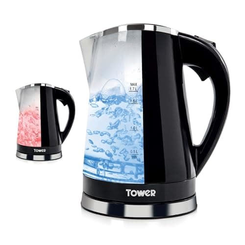 Image of Tower T10012 LED Colour Changing Kettle, 360° Swivel Base, Large Viewing Window, Easy Fill Lid, Removable Filter, 1.7 Litre Capacity, 2200W, Black