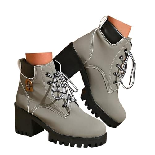 Image of Xbemkste Women's Ankle Boots with Chunky Heel Casual Lace-Up Boots Short Biker Boots Round Toe Short Shaft Boots Elegant Ankle Boots Ankle Boots Transition Boots, gray, 8 UK