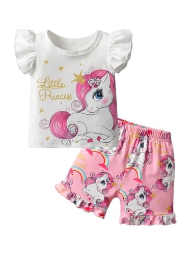 Image of Kumsolu Baby Girls Outfits Summer Short Sleeve Shorts 2PCS Clothes Sets Pink（12-18 Months）