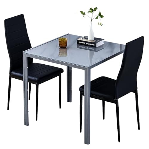 Image of Homullel Modern Dining Table and Chairs Set for 2 Space Saving, 75cm Square Glass Dining Table and 2 Leather Chairs for Small Space (Grey Table+2Pcs Black Leather Chairs)