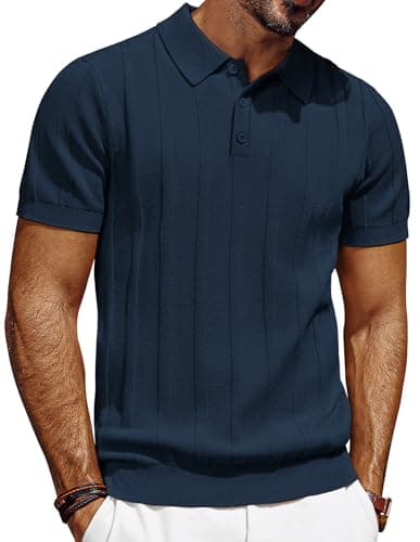 Image of PJ PAUL JONES Polo Shirts for Men Adult Short Sleeve Knitted Polo Shirts Casual Work Golf Shirt Navy Blue L