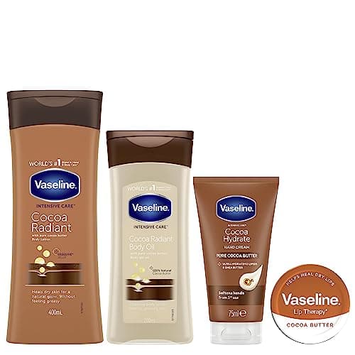 Image of Vaseline Intensive Care Cocoa Butter Skincare Set – Deep Hydration for Dry Skin, Non-Greasy, Fast-Absorbing Formula – 4-Piece Set: Body Lotion 400 ml, Body Oil 200 ml, Hand Cream 75 ml, Lip Balm 20 g
