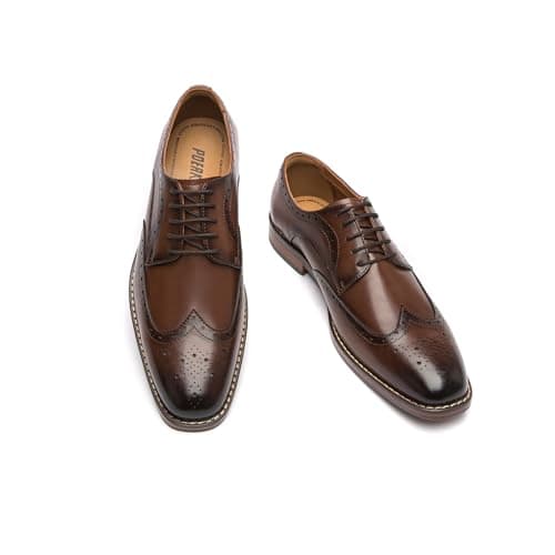 Image of Poerkan Men's Oxford & Derby Formal Dress Shoes: Lace - up Leather Classics in Black and Brown with Patent Brogue Details