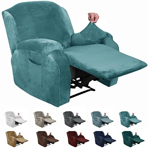 Image of XINEAGE 4 Pieces Velvet Recliner Slipcover Stretch Recliner Chair Cover with Side Pocket Anti-Slip Fitted Recliner Cover Couch Furniture Protector with Elastic Bottom (Recliner, Peacock Blue)