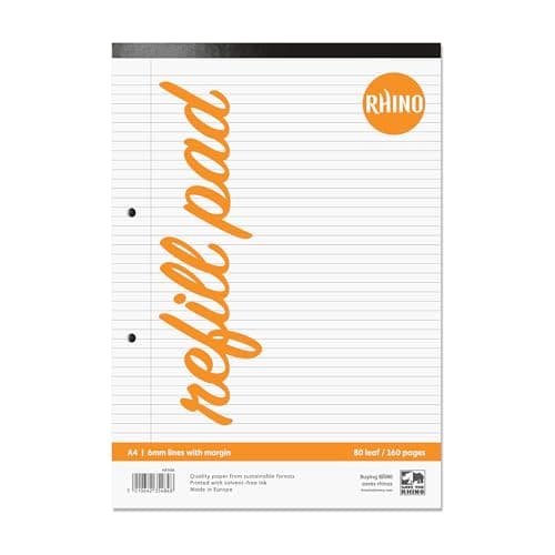 Image of RHINO A4 Refill Pad, Writing Pad, 160 Page / 6mm Lined with Margin, 1 Pack, White Hole Punched Top Binding Writing Paper, Office & School Stationery Supplies